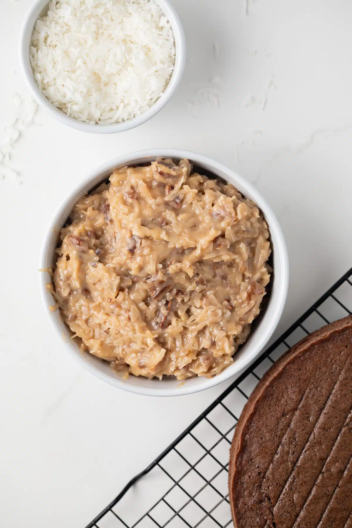German chocolate cake frosting with coconut and pecans.