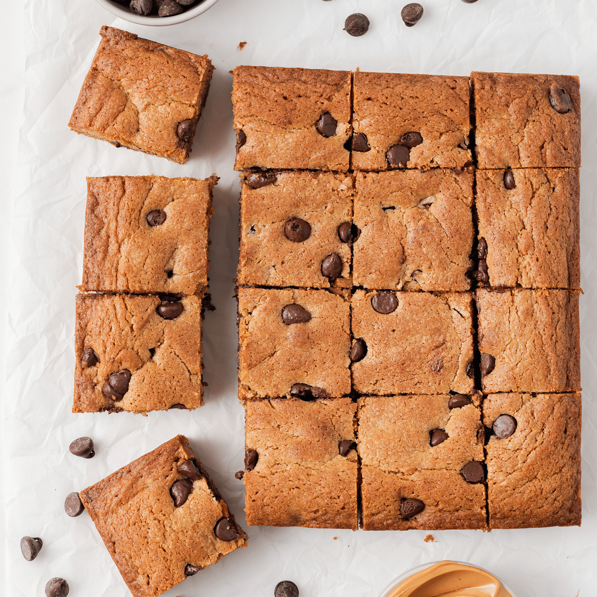 Overhead of sliced peanut butter chocolate chip blondies.