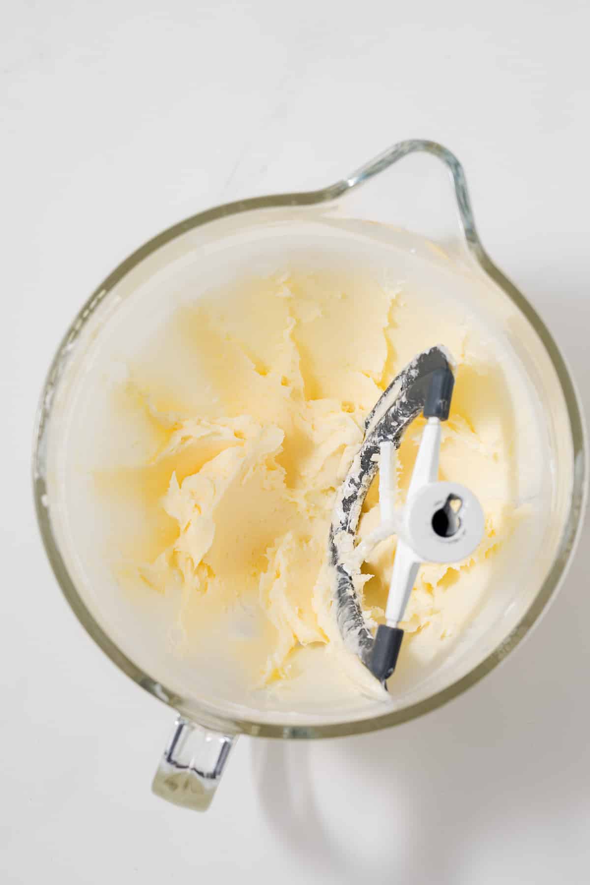 Butter creamed in glass bowl.