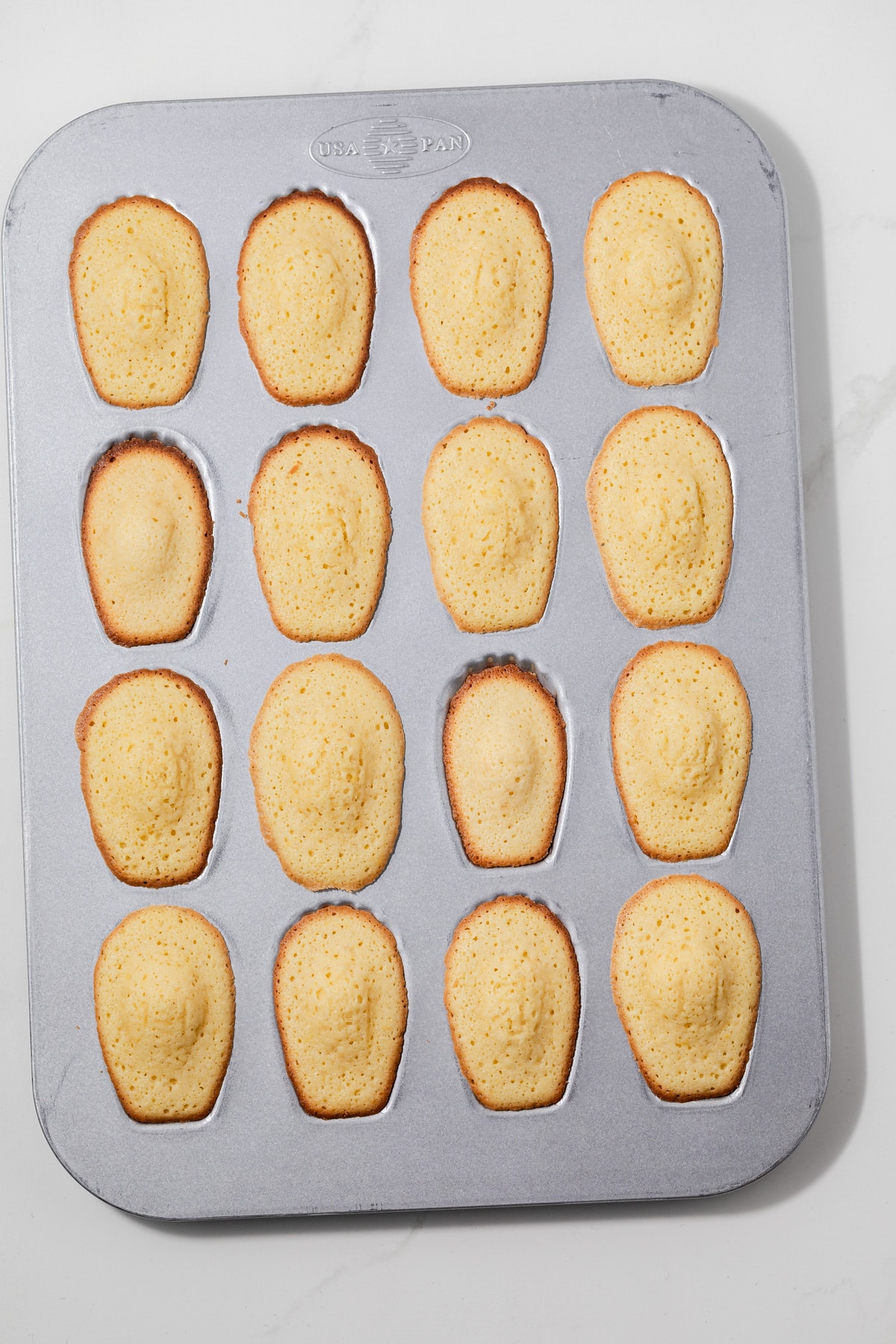 Baked madeleines in a baking pan.