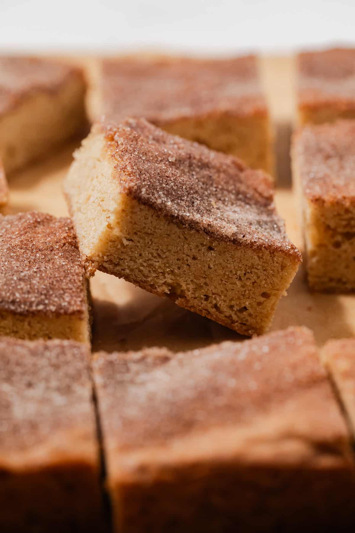 Side view of snickerdoodle blondies on parchment paper.