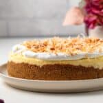Side view of coconut cheesecake on serving platter.