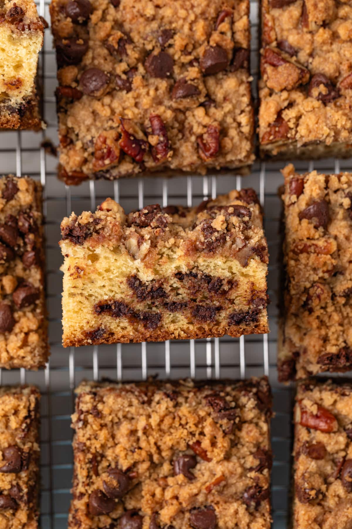 Close up of a slice of chocolate chip coffee cake.