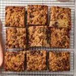 Overhead view of chocolate chip coffee cake cut into squares.