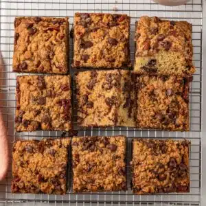 Overhead view of chocolate chip coffee cake cut into squares.