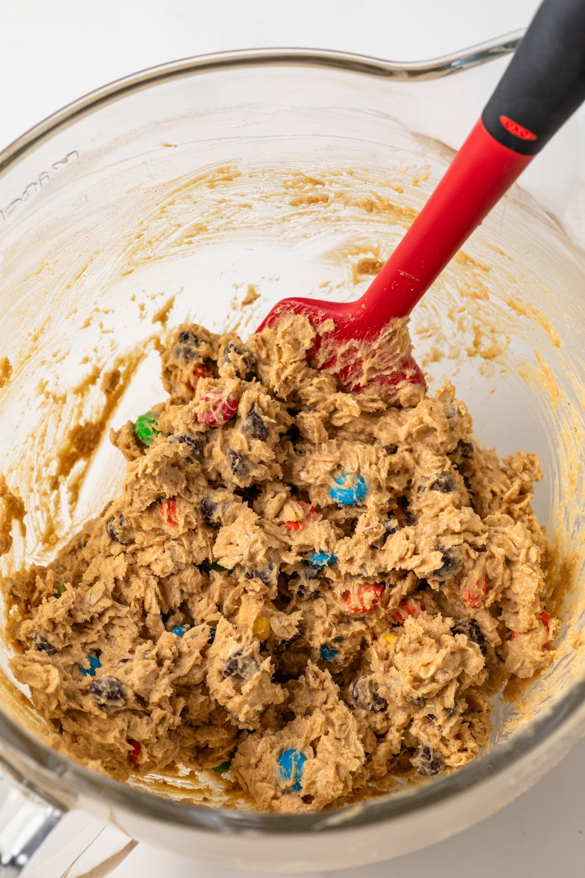 Cookie dough in a glass bowl.