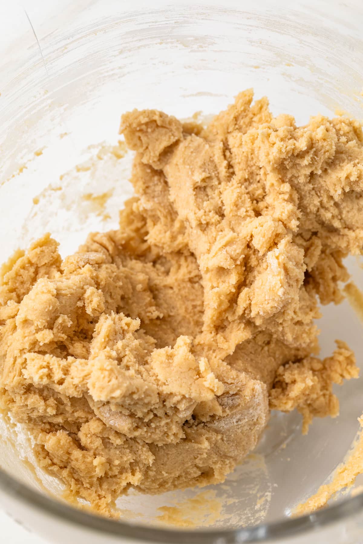 Cookie dough in a glass bowl.