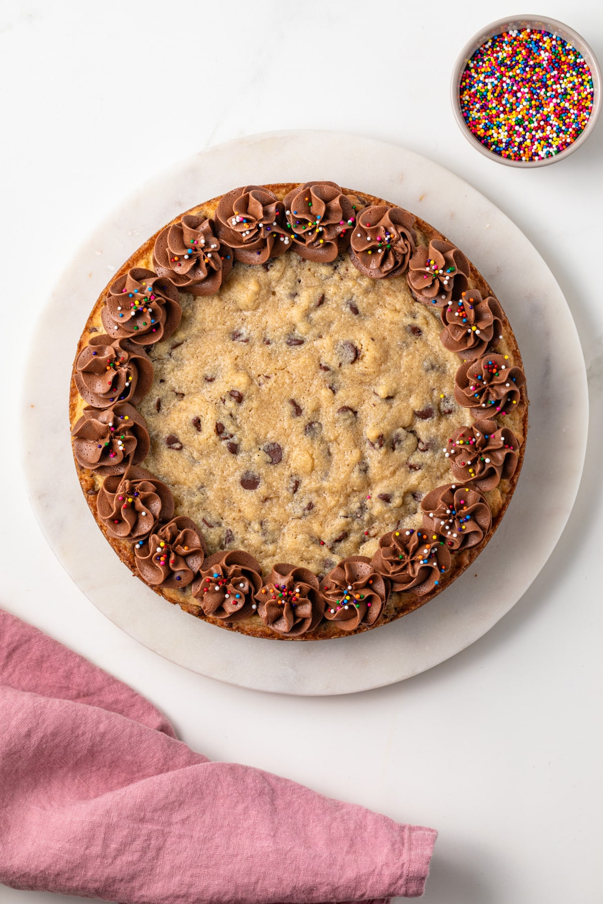 Overhead of chocolate chip cookie cake.