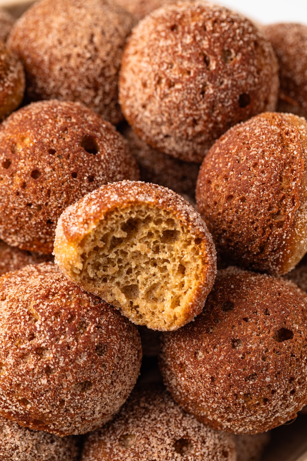 A bite take out of a donut hole so the crumb is visible.