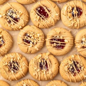 Overhead view of peanut butter and jelly cookies.