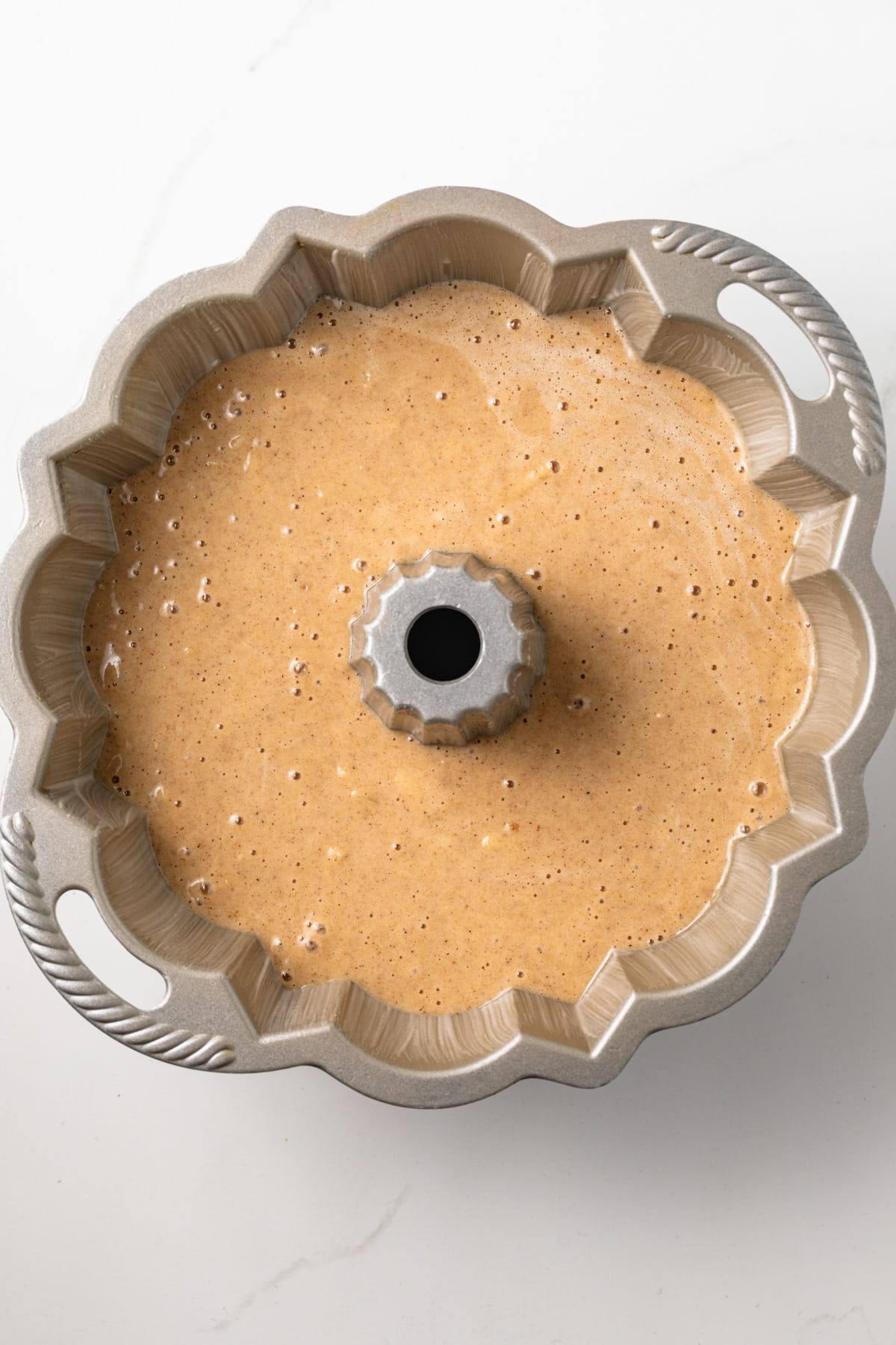 Cake batter in bundt pan.