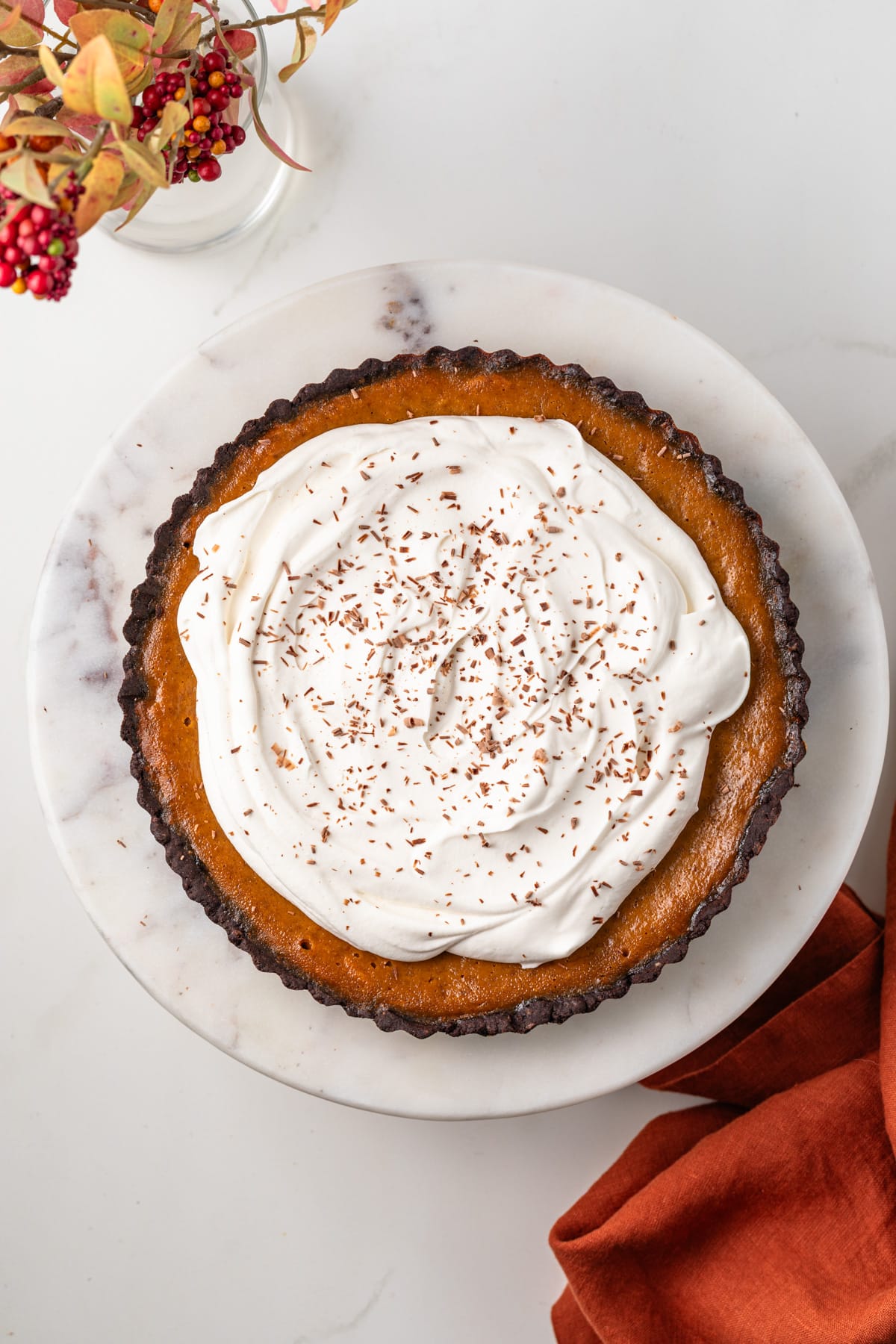 Overhead of chocolate pumpkin tart.