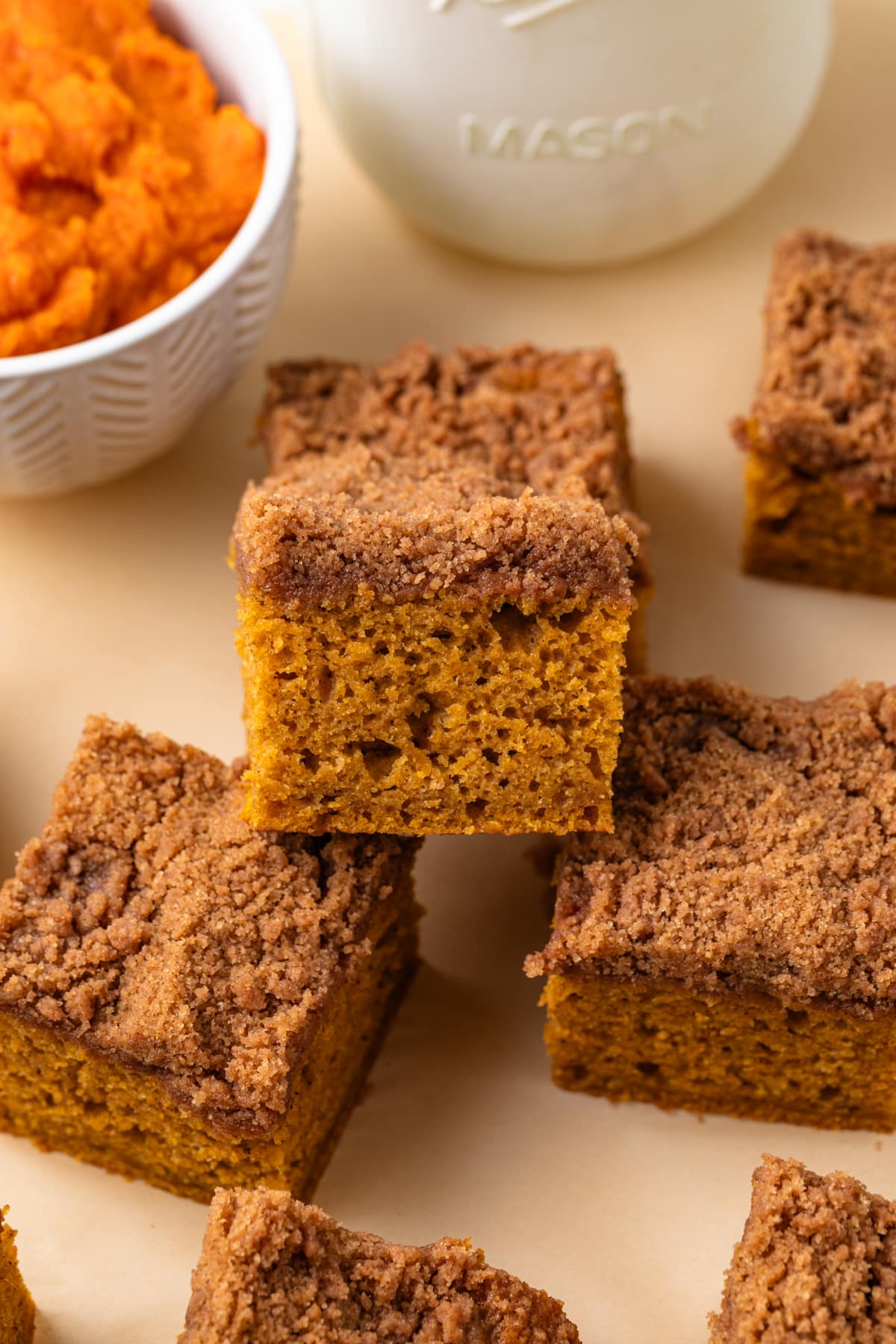 High angled view of pumpkin coffee cake.