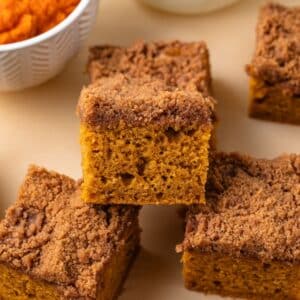 High angled view of pumpkin coffee cake.