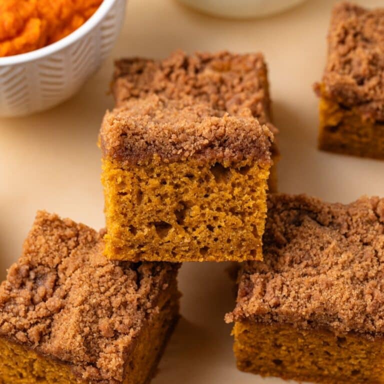 High angled view of pumpkin coffee cake.