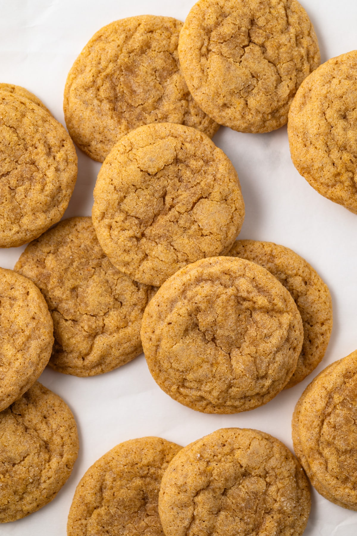 Pumpkin sugar cookies scattered on parchment paper.