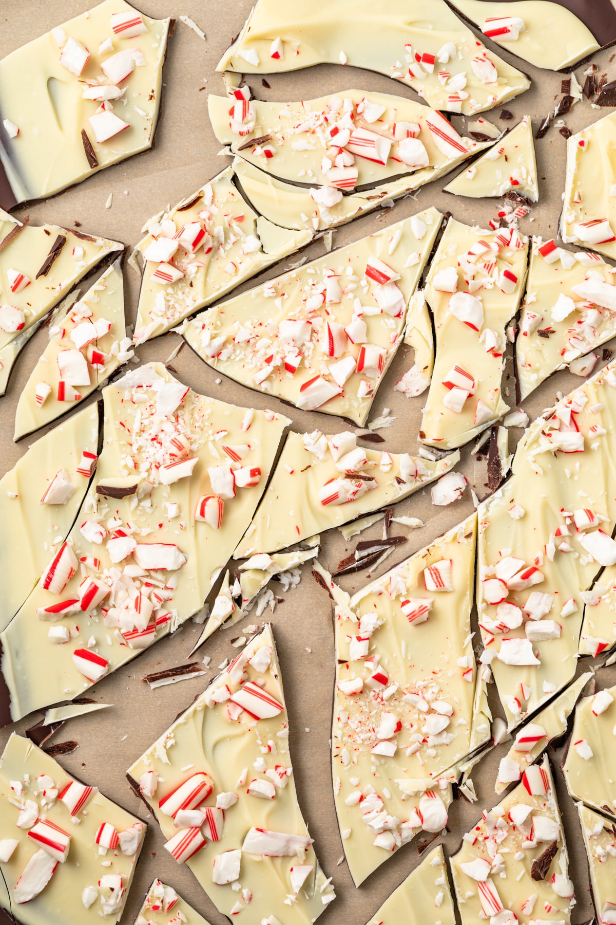 Peppermint bark spread broken over parchment paper.