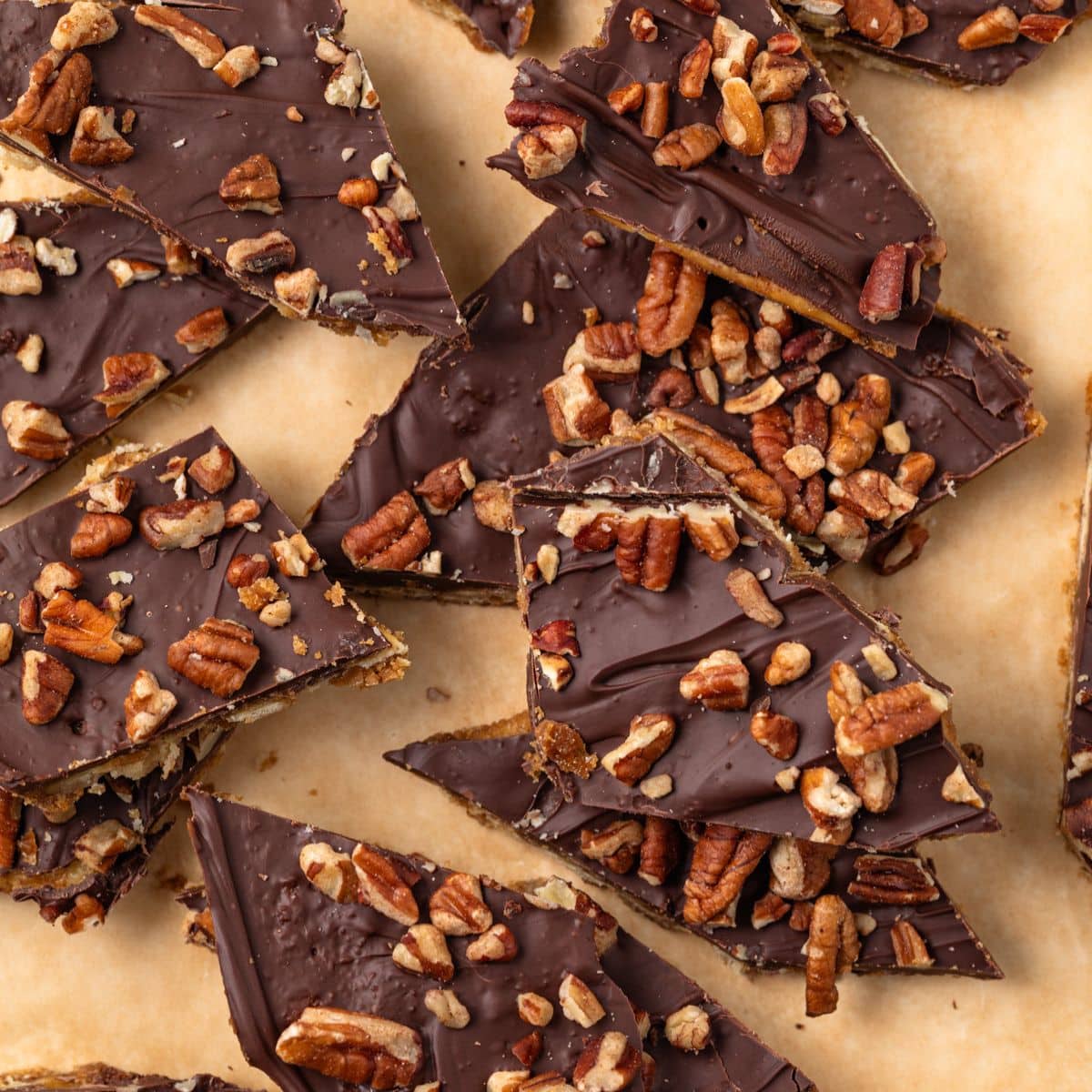 Saltine cracker toffee on parchment paper.