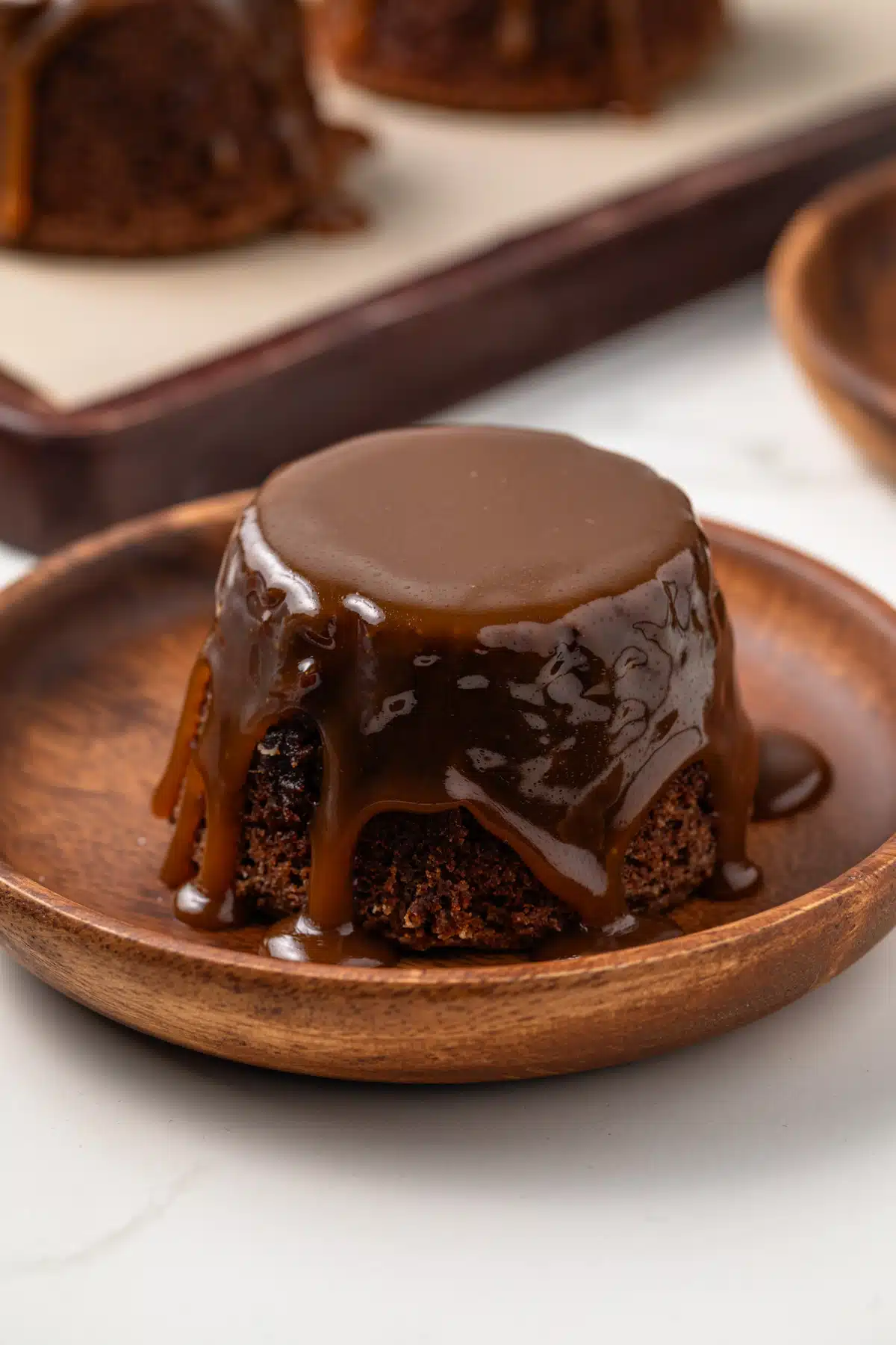 High angled view of sticky toffee pudding.