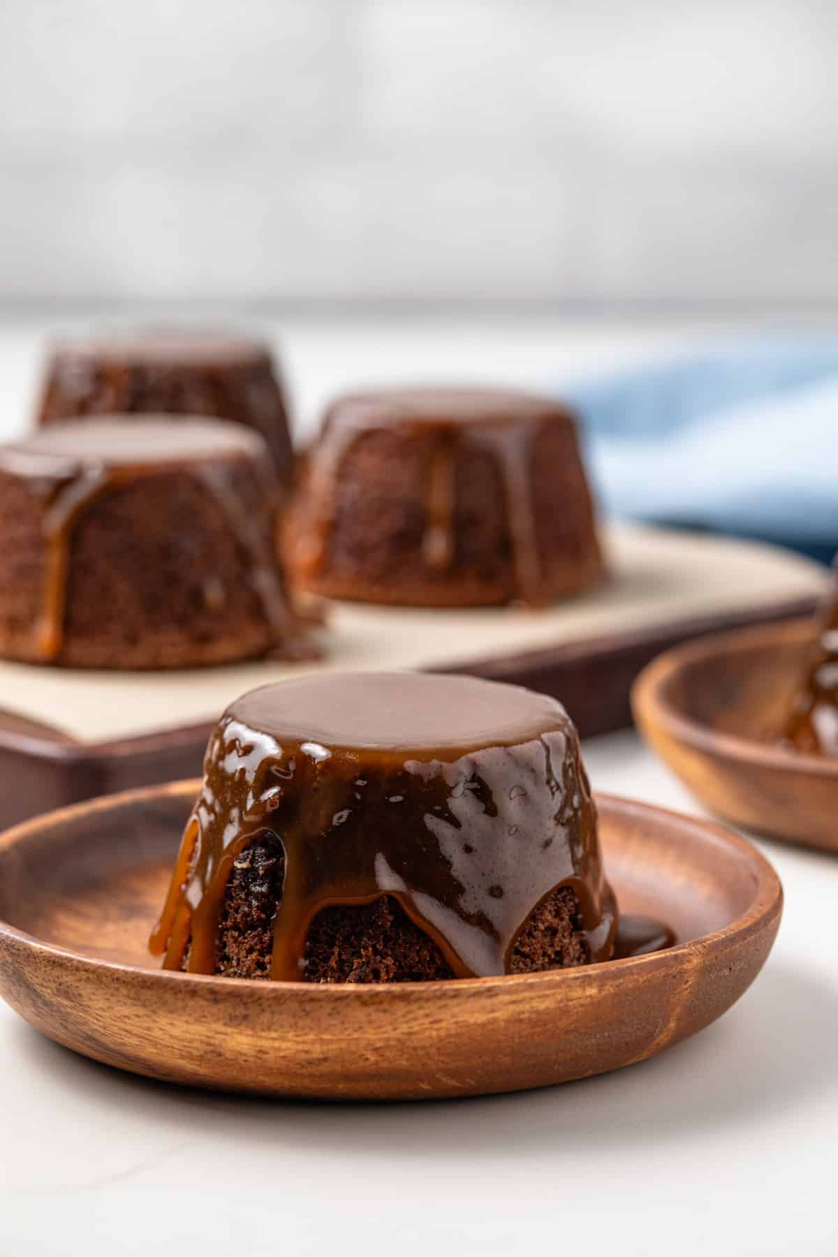 Side view of sticky toffee pudding.