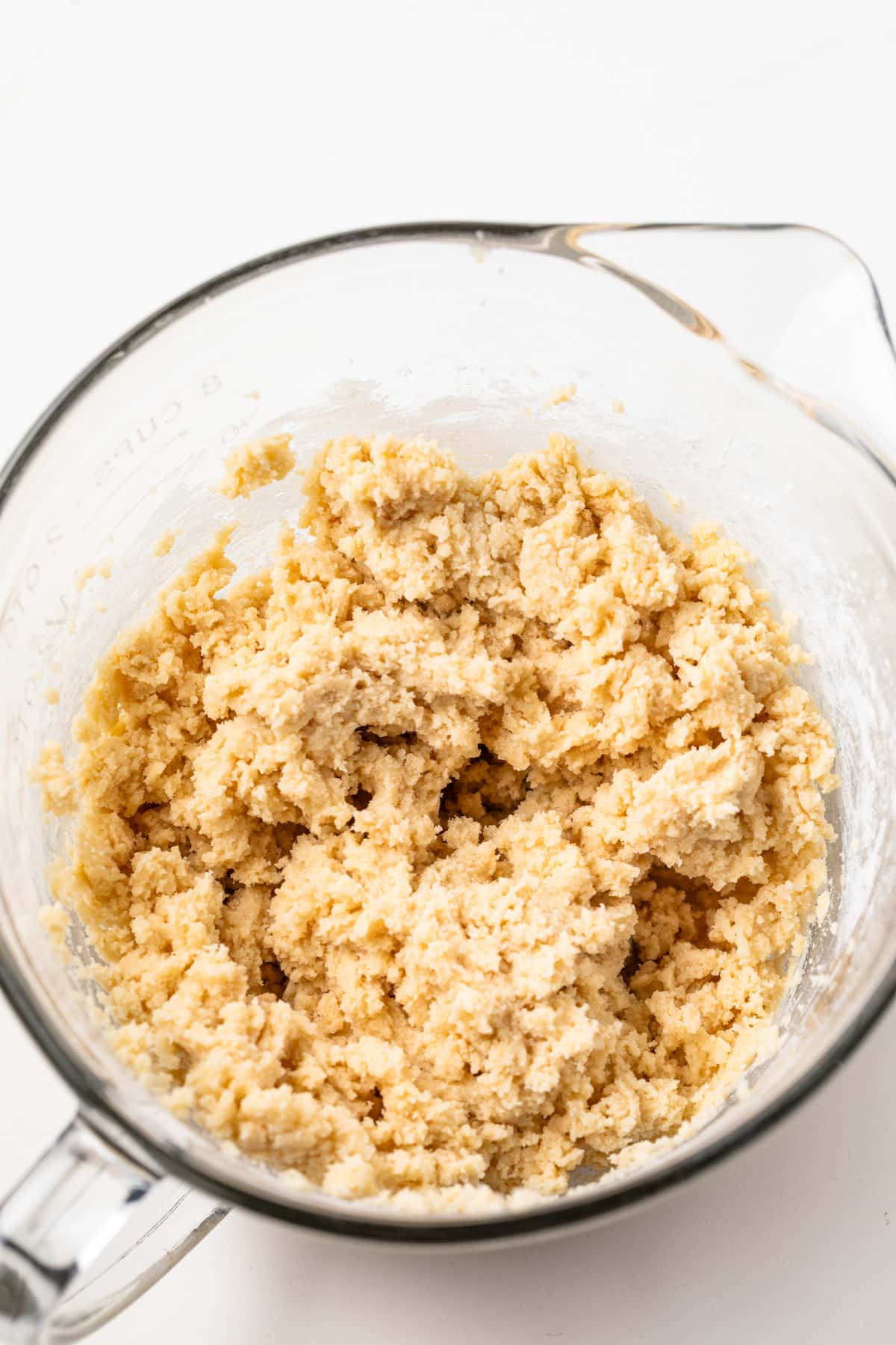 Cookie dough in a glass bowl.