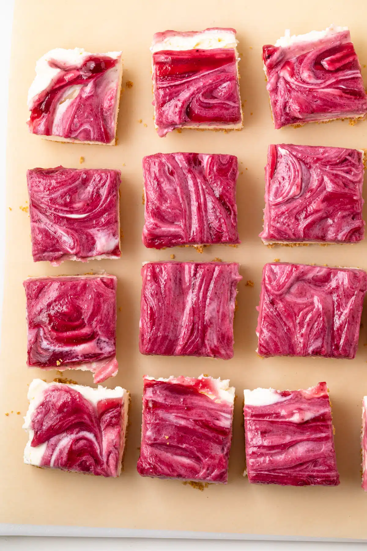 Overhead of no bake berry cheesecake bar.