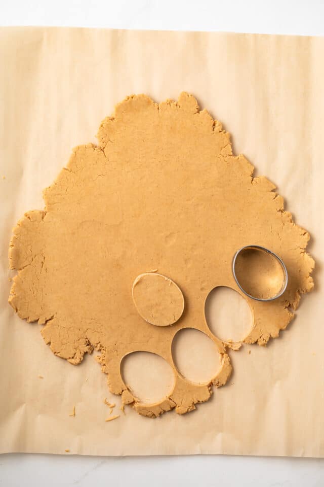 Filling cut out with egg-shaped cookie cutter.