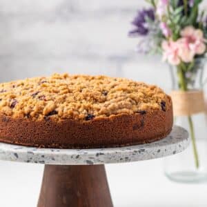 Side view of blueberry coffee cake on a cake stand.