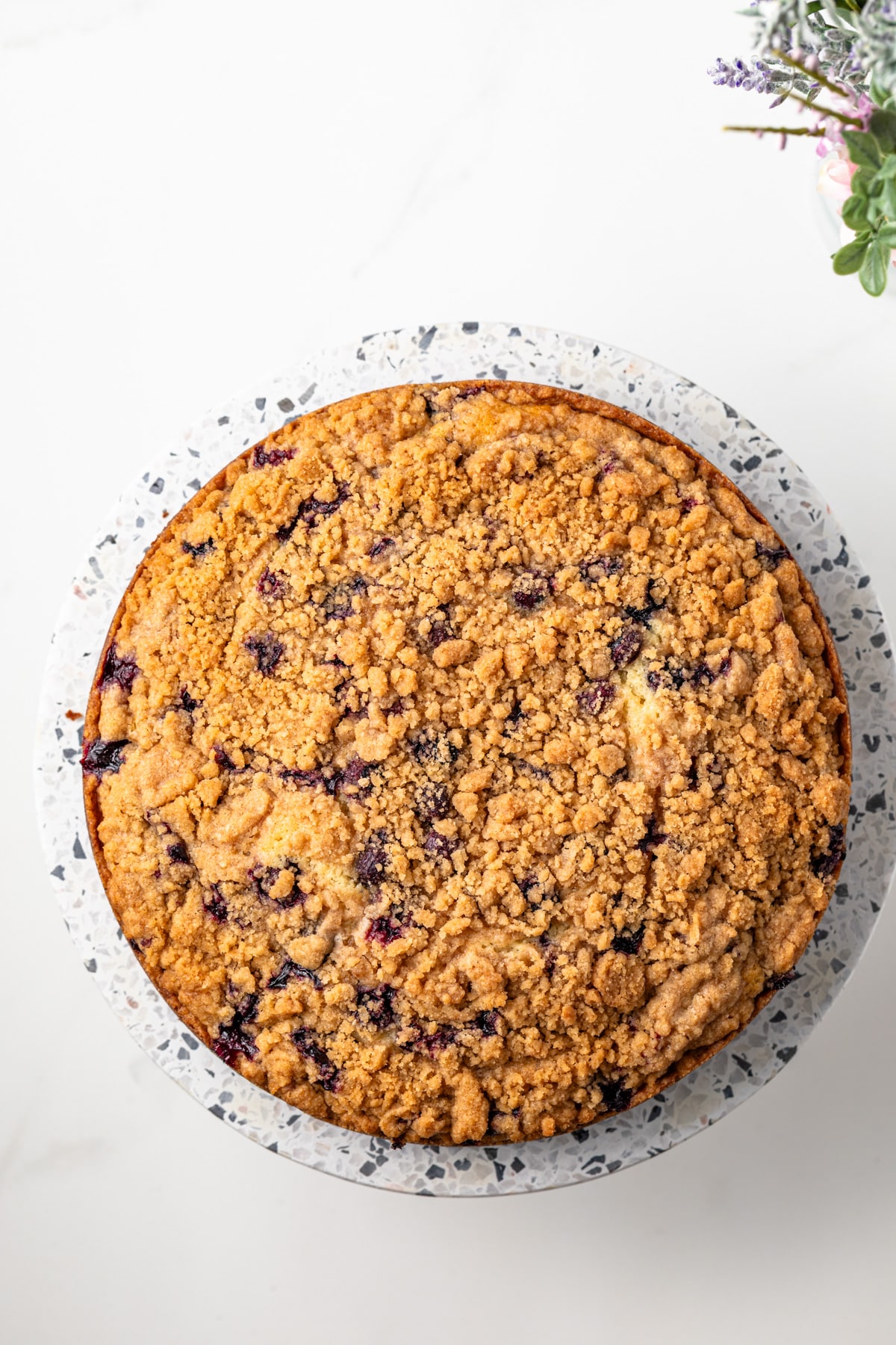 Overhead view of blueberry coffee cake on a cake stand.