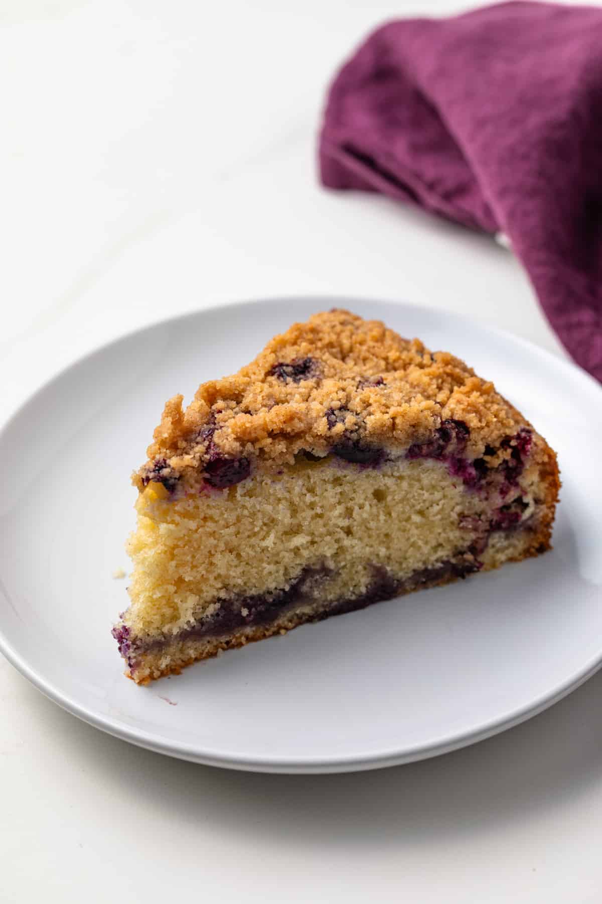 Slice of blueberry coffee cake on a white plate.