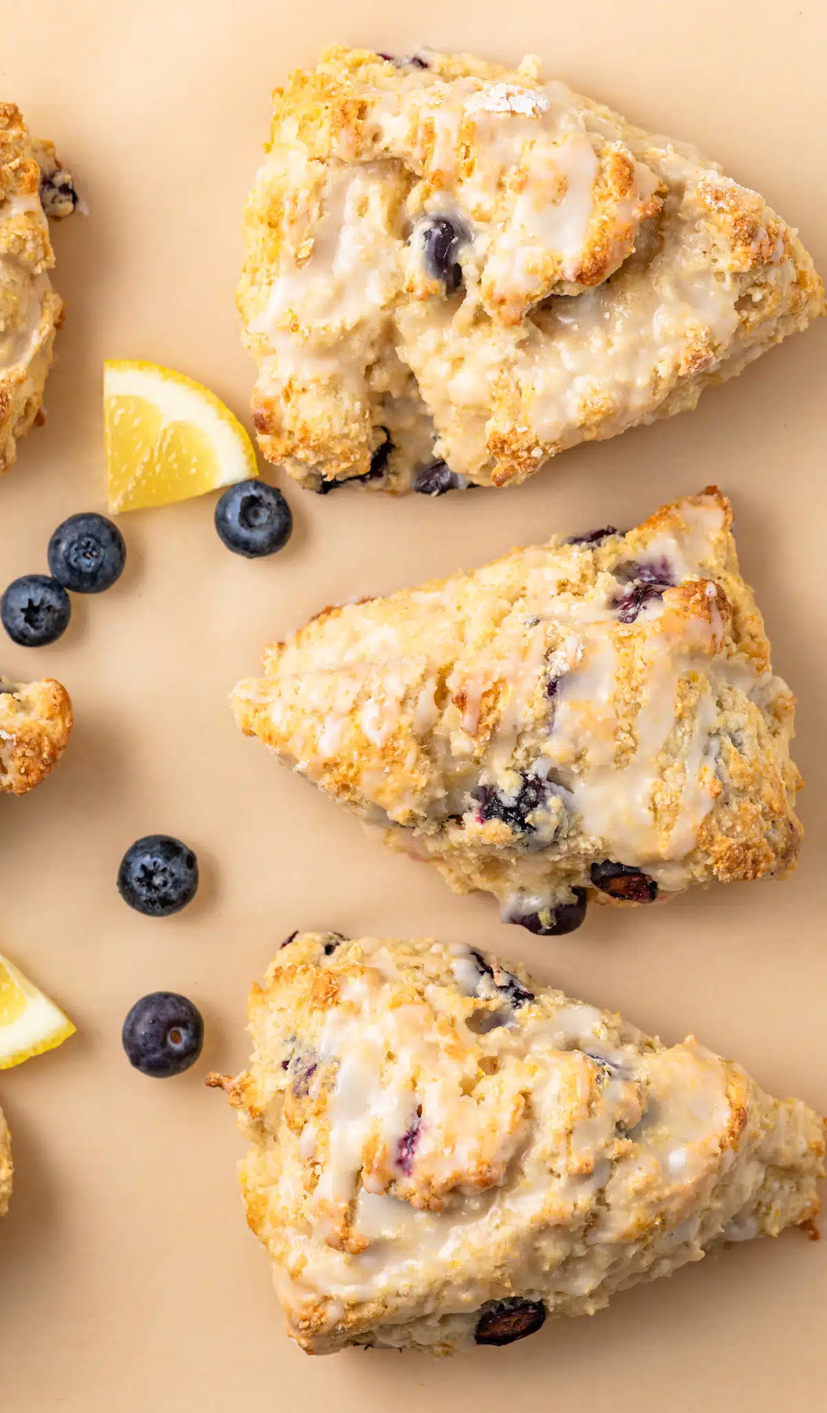 Overhead of lemon blueberry scones.