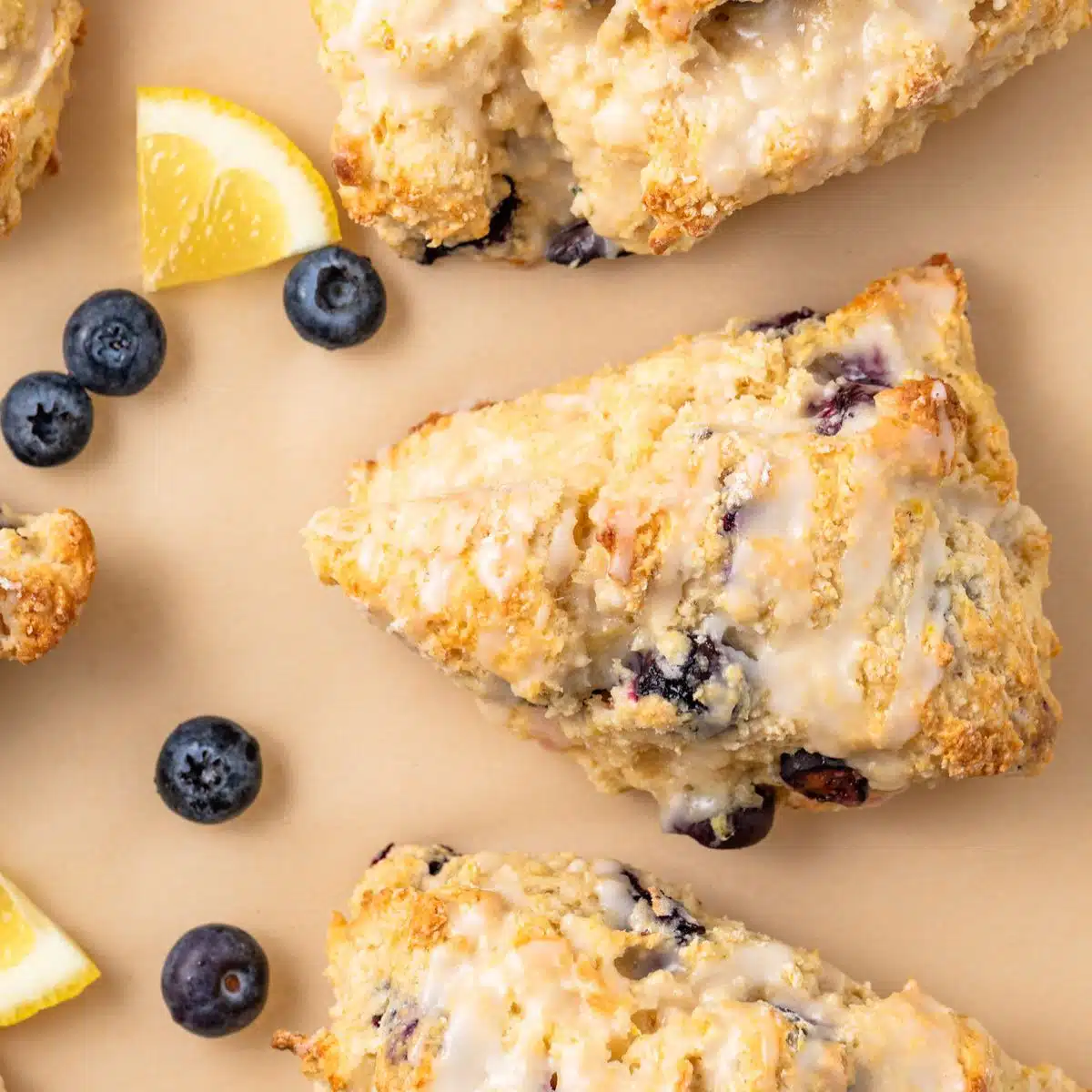 Overhead of lemon blueberry scones.