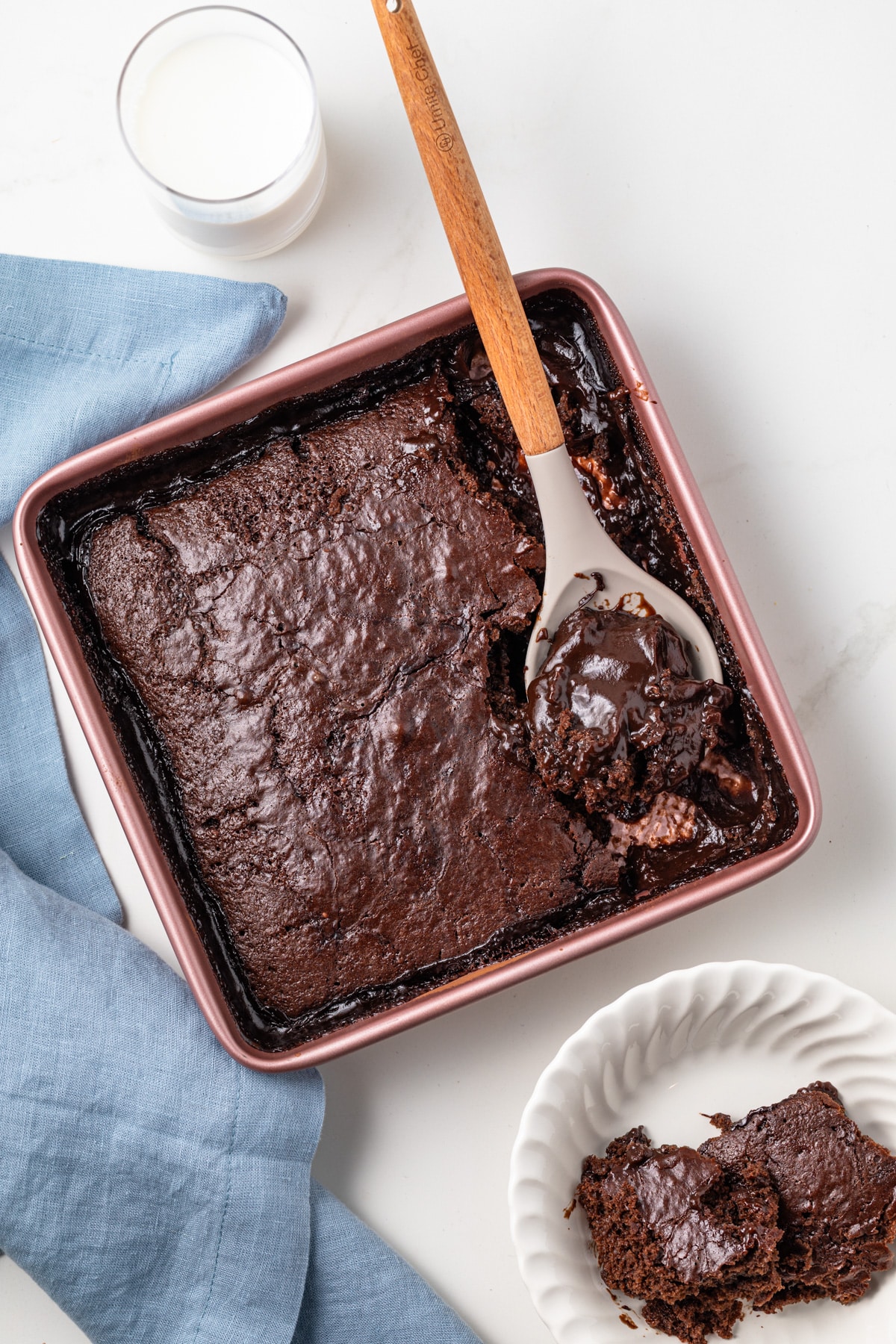 An overhead view of chocolate pudding cake in a baking dish.